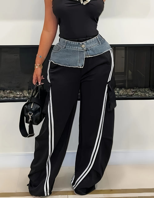 Load image into Gallery viewer, Denim Paneled Elastic Waistband Pull-up Loose Straight-leg Pants Striped Casual Sweatpants Women Trousers
