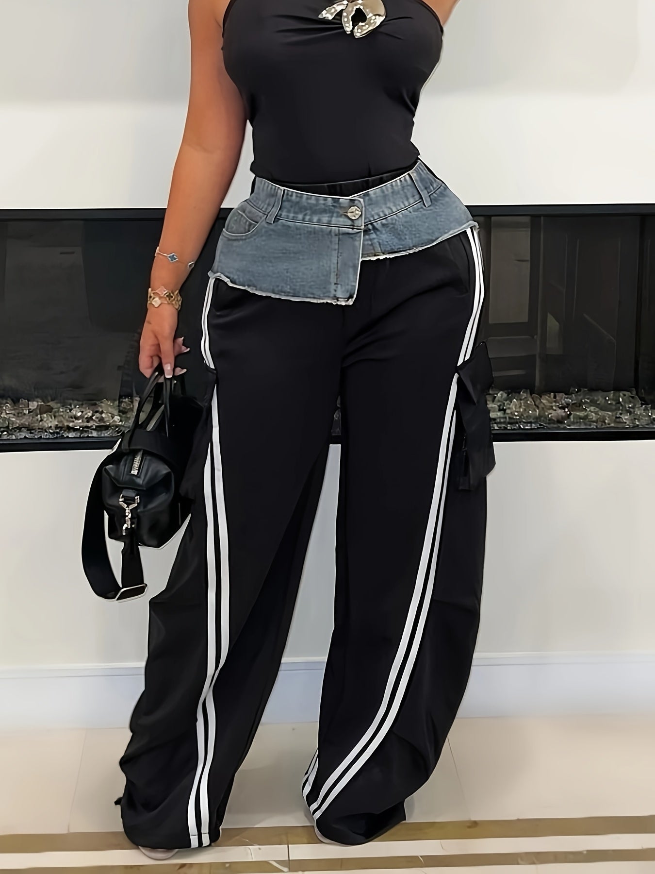 Denim Paneled Elastic Waistband Pull-up Loose Straight-leg Pants Striped Casual Sweatpants Women Trousers
