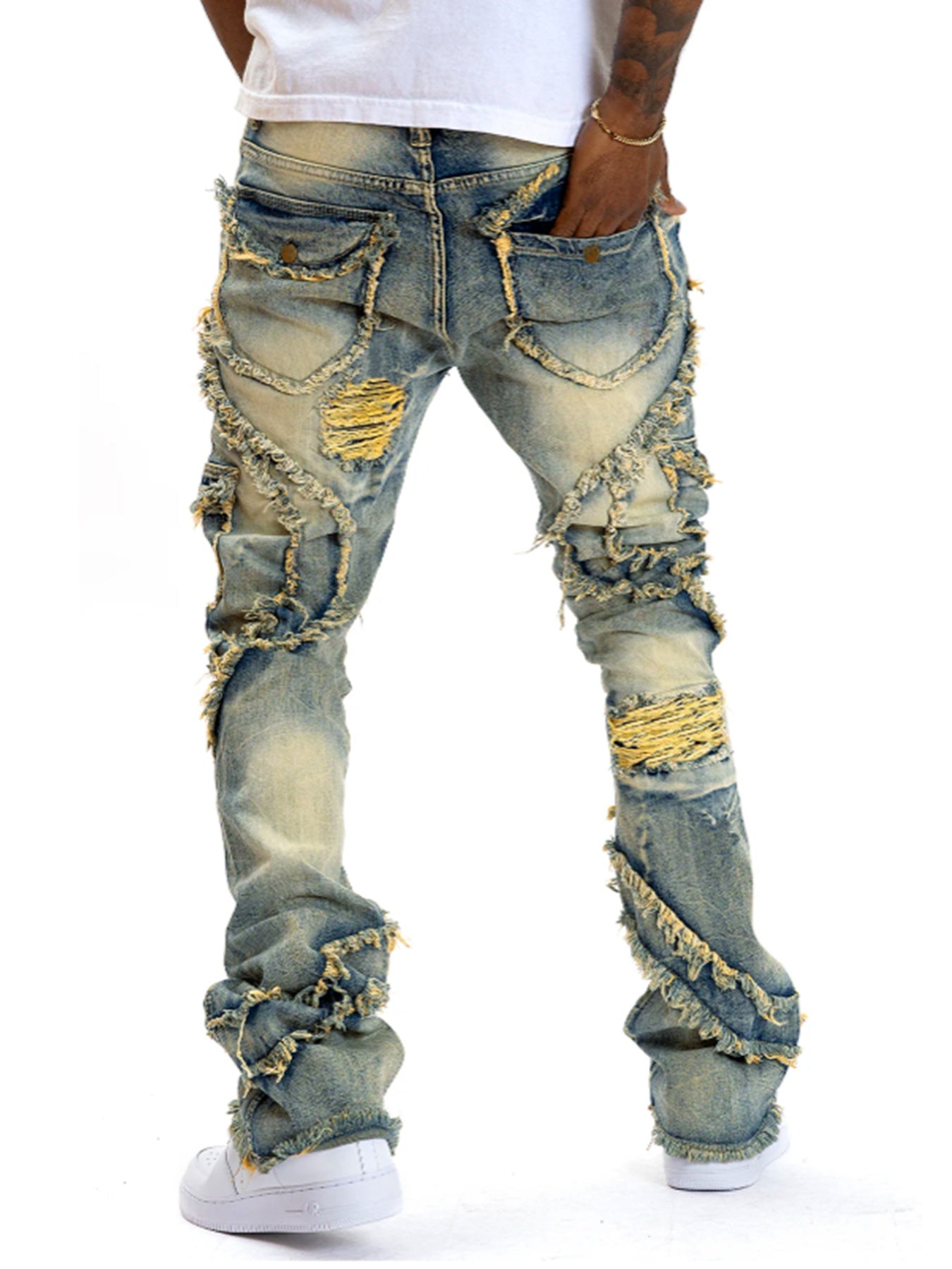 Men Black Stacked Jeans Slim Fit Ripped Jeans Destroyed Straight Denim Pants Hip Hop Trouser Streetwear