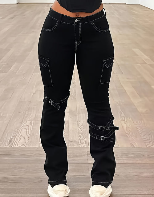 Load image into Gallery viewer, Plus Size Women American Retro Street Jeans - Solid Black Detachable Lace-Up Flap Side Pockets, Bootcut High Waist, Mature Comfortable Fashion Outfit
