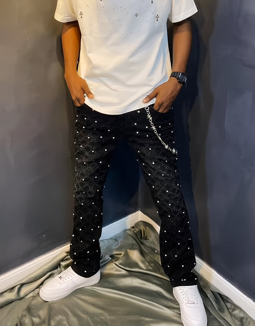 Load image into Gallery viewer, Men&#39;s Sparkling Elastic Straight Jeans ,Skinny Cotton Blend with Nail Drill Decoration
