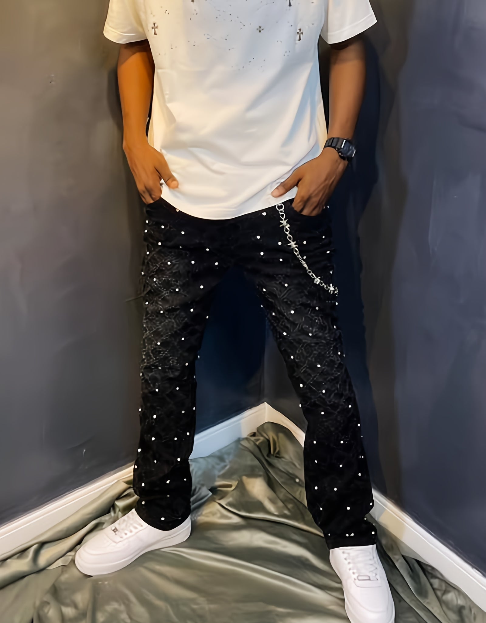 Men's Sparkling Elastic Straight Jeans ,Skinny Cotton Blend with Nail Drill Decoration