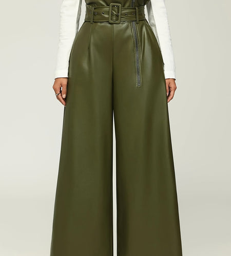 Women High-Waisted Wide Leg Pants with Metallic Belt Detail - Elegant Solid Black Trousers, All-Season Versatile Office & Casual Wear, Durable PU Material,  Easy Care, High Waisted Formal Trousers, Sleek Design, Smooth Textur