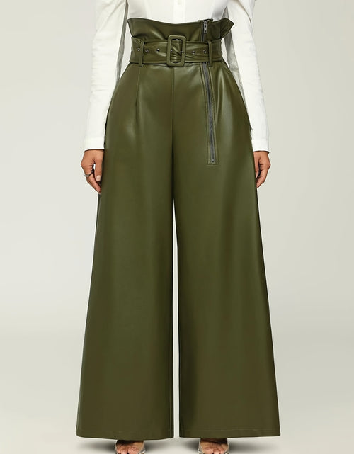 Load image into Gallery viewer, Women High-Waisted Wide Leg Pants with Metallic Belt Detail - Elegant Solid Black Trousers, All-Season Versatile Office &amp; Casual Wear, Durable PU Material,  Easy Care, High Waisted Formal Trousers, Sleek Design, Smooth Textur
