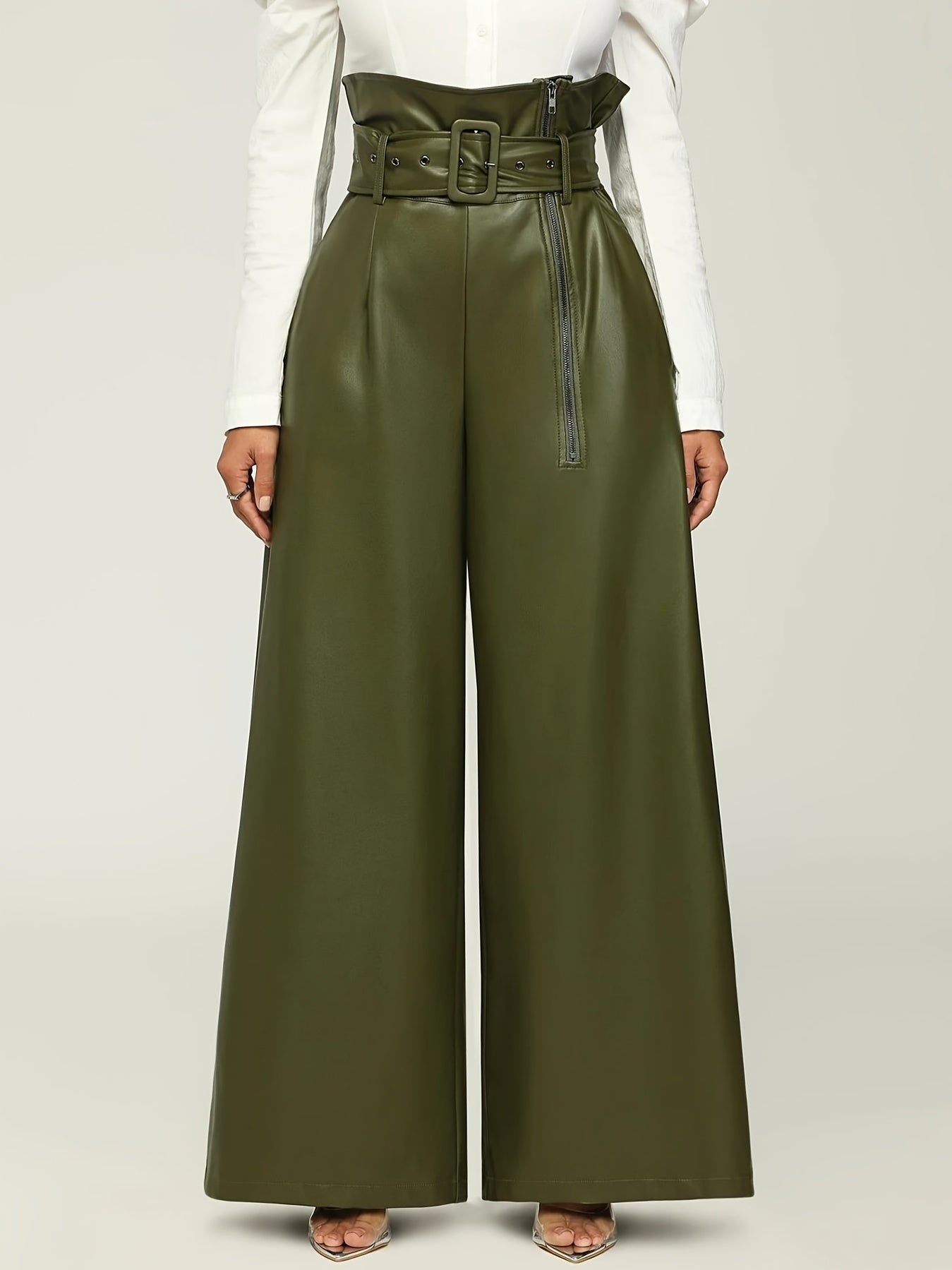 Women High-Waisted Wide Leg Pants with Metallic Belt Detail - Elegant Solid Black Trousers, All-Season Versatile Office & Casual Wear, Durable PU Material,  Easy Care, High Waisted Formal Trousers, Sleek Design, Smooth Textur