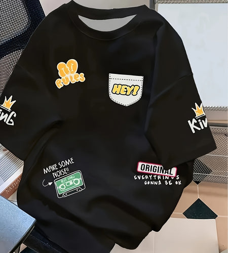 Breathable Soft Polyester Summer Outdoor Sports Wear - Men's Colorful Floral Print Casual  Set - Crew Neck Short Sleeve T-Shirt and Drawstring Shorts with Pockets,