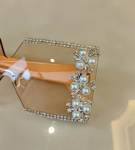 Luxury Rhinestone Glasses With Pearls- Square Frame, Perfect for Party Fashion Decoration