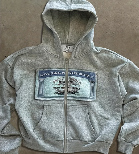 Full-Zip Hoodie with Social Security  - Retro Streetwear Hip-Hop Jacket, Unisex All-Season Casual Pullover with Full-Zip Closure, Regular Fit for Men & Women, Urban Fashion Statement