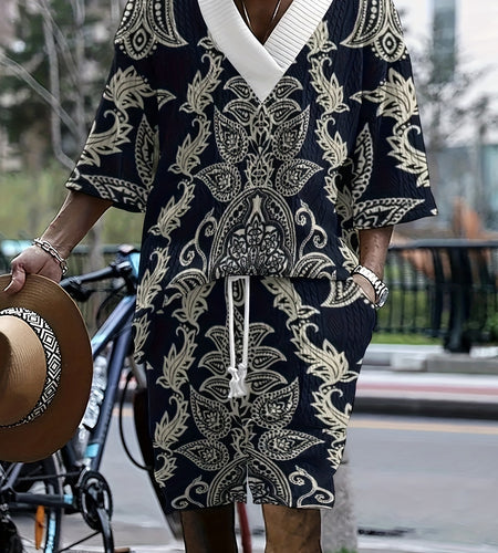 Men's Casual V-Neck T-Shirt & Drawstring Shorts Set with Paisley Print - Breathable Polyester, Summer Fashion