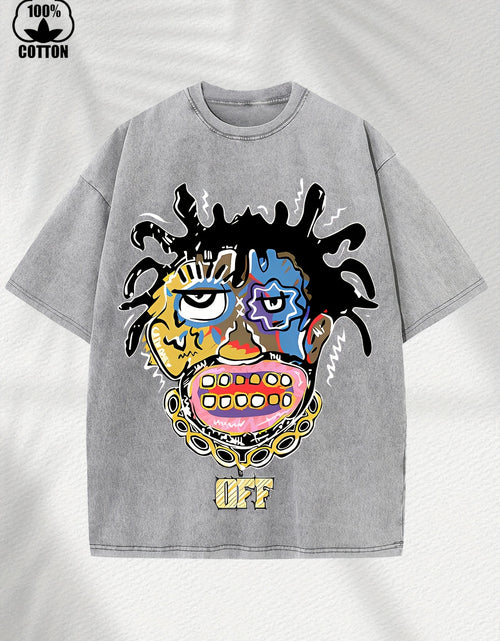 Load image into Gallery viewer, Home Relaxation | Men&#39;s Trendy Washed Cotton Graphic Tee - Blue Short Sleeve with Colorful Abstract Face &amp; &quot;OFF&quot; Print, Casual Summer Shirt
