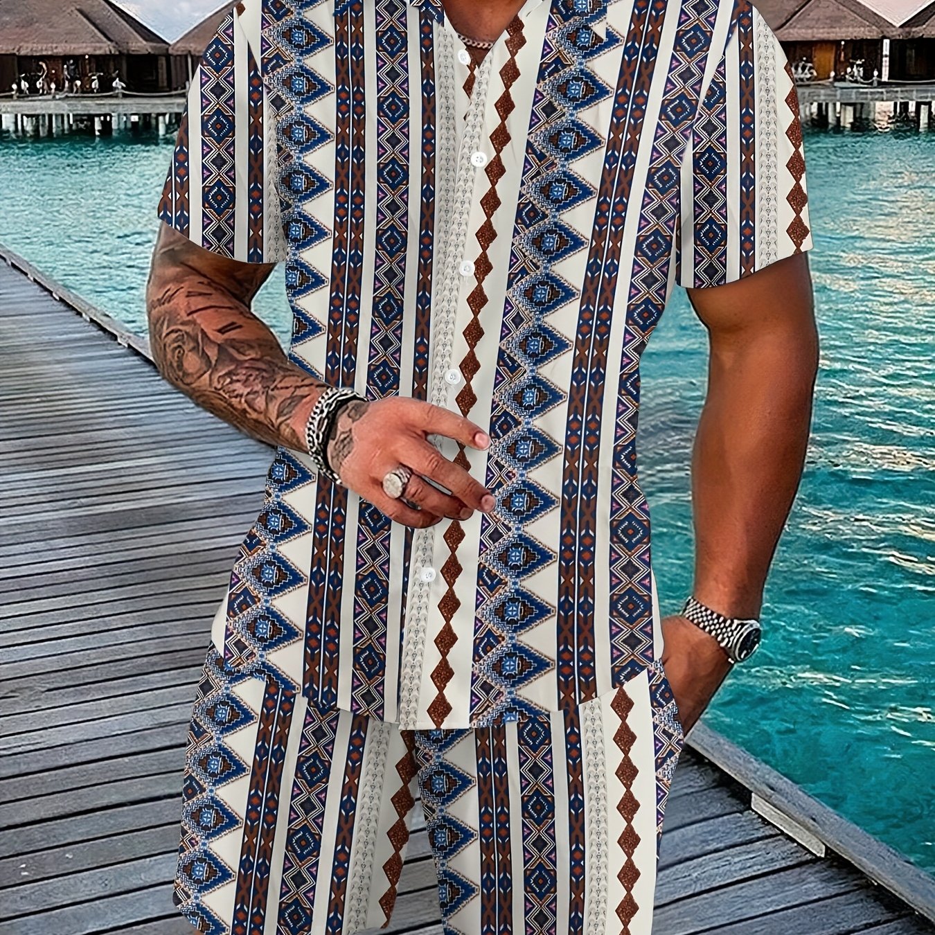 Men's Beach Style Fashion Set - Short-Sleeved Shirt & Shorts - Eye-Catching Keep Short