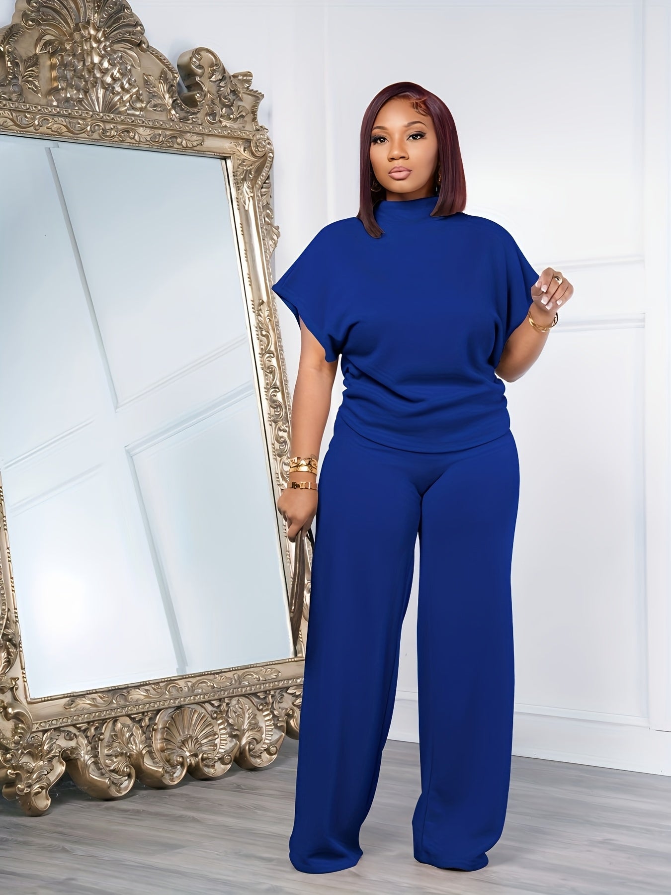 [Spring Casual Set] Two-piece Spring And Summer Casual Set | Women's Short Sleeved Semi High Neck Loose Top Wide Leg Pants Set, Casual Sports Set