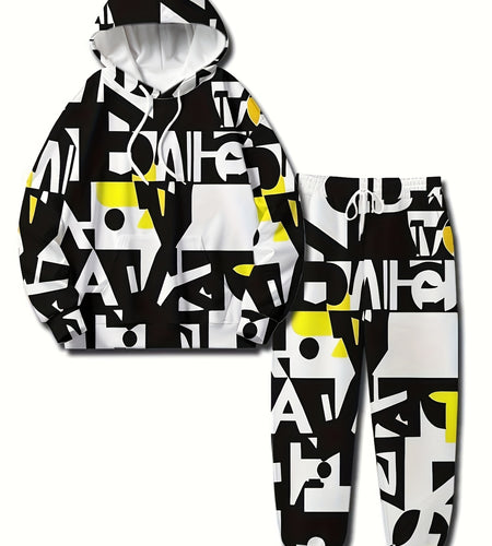 Men's Creative Letter 3D Print Hooded Sweatshirt And Jogger 2pcs Set, Casual Tracksuit For Spring
