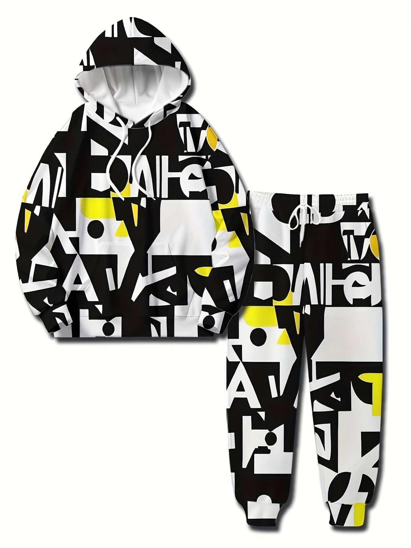Men's Creative Letter 3D Print Hooded Sweatshirt And Jogger 2pcs Set, Casual Tracksuit For Spring