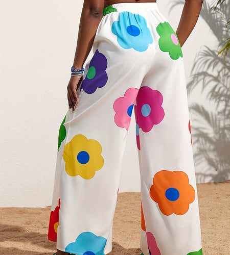 Elegant Floral Print Wide-Leg Pants for Women - High Waist, Non-Stretch, Machine Washable, Comfortable Polyester