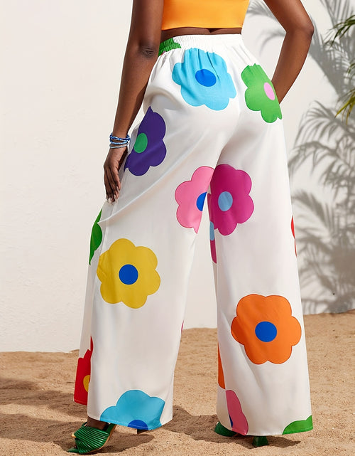 Load image into Gallery viewer, Elegant Floral Print Wide-Leg Pants for Women - High Waist, Non-Stretch, Machine Washable, Comfortable Polyester
