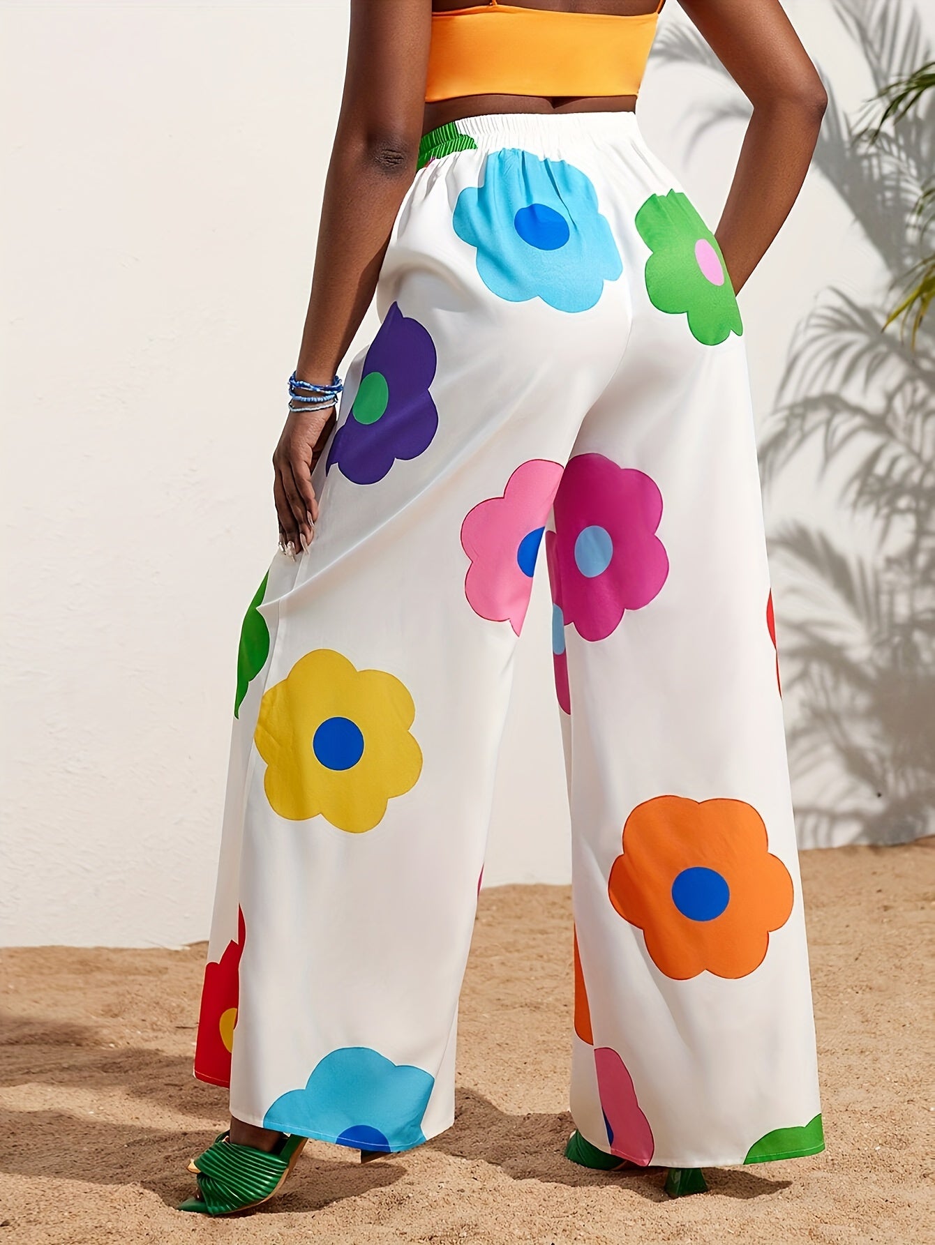 Elegant Floral Print Wide-Leg Pants for Women - High Waist, Non-Stretch, Machine Washable, Comfortable Polyester