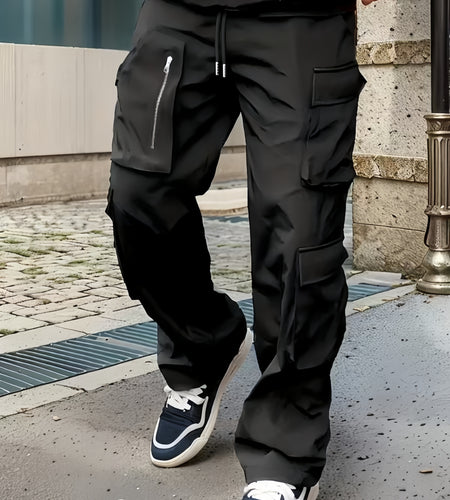 Men Casual Cargo Pants -  Multi-Pocket, Drawstring Waist, Loose Fit, Non-Stretch Polyester