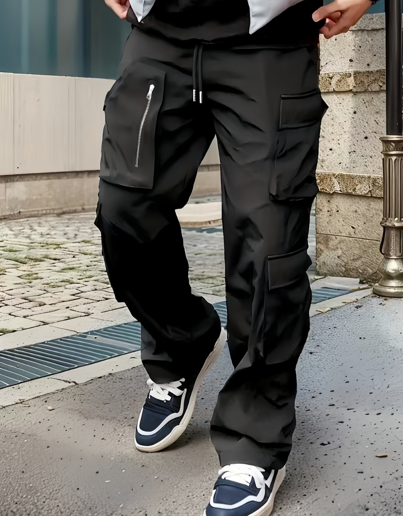 Men Casual Cargo Pants -  Multi-Pocket, Drawstring Waist, Loose Fit, Non-Stretch Polyester
