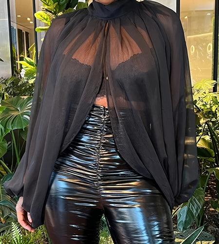 Plus Size Women Sassy Mesh Top - High Neck, Lantern Sleeve, Split Hem, Slight Stretch, Solid Color, Comfortable, Breathable, Fashionable, Versatile, Everyday Wear