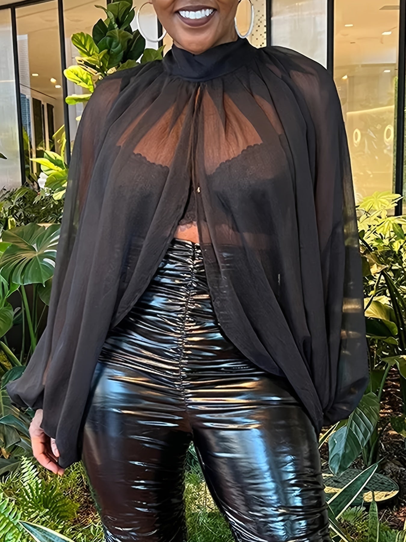 Plus Size Women Sassy Mesh Top - High Neck, Lantern Sleeve, Split Hem, Slight Stretch, Solid Color, Comfortable, Breathable, Fashionable, Versatile, Everyday Wear