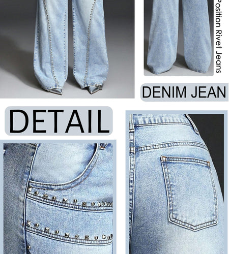 Women  Pocket Stud Inlaid Loose Wide Leg Jeans | Elegant, Non-Stretch, Solid Color, Button Fly, Mid Waist, Cut