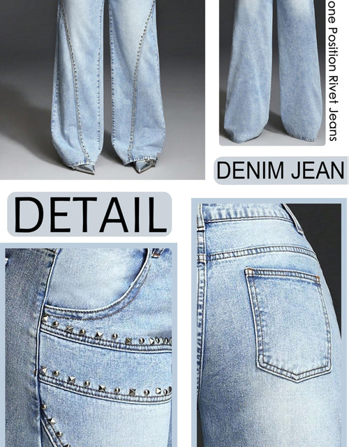 Load image into Gallery viewer, Women  Pocket Stud Inlaid Loose Wide Leg Jeans | Elegant, Non-Stretch, Solid Color, Button Fly, Mid Waist, Cut
