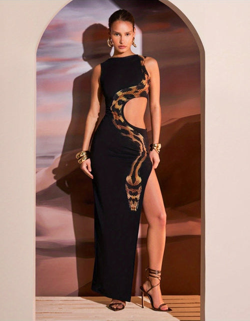 Load image into Gallery viewer, Chic Fashion] Stylish Sleeveless Maxi Dress with Golden Snake Motif, Side Slit &amp; Cut-Out Details – Sexy Solid Color Black Polyester Dress for Women, Perfect for Spring/Summer Fashion, Chic Outfit | Glamorous Attire | Elegan
