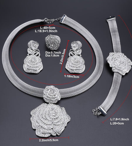 Luxury Rhinestone Rose Necklace Set for Women, Alloy Jewelry Set with Earrings, and Bracelet,
