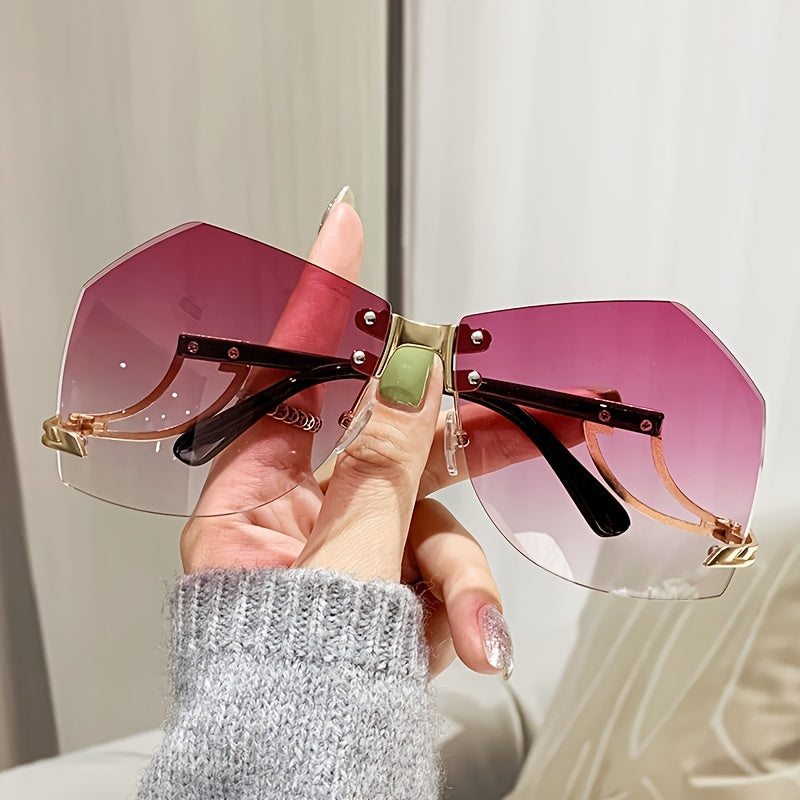 Frameless Oversized Fashion Glasses for Women - Gradient Pink to Clear Lenses, Hollow-Out Temple Arms, Protection & Anti-Glare Coating, Luxury Fashion Accessories