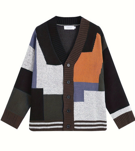 Spring and Autumn Color Block Cardigan Sweater Trendy V-Neck Knit Sweater Casual Men Clothing