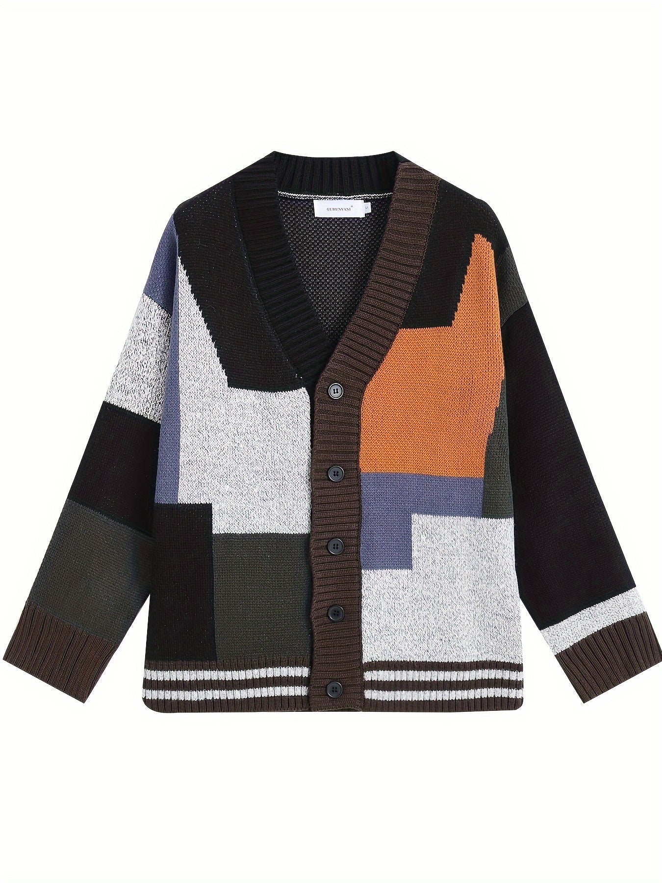 Spring and Autumn Color Block Cardigan Sweater Trendy V-Neck Knit Sweater Casual Men Clothing