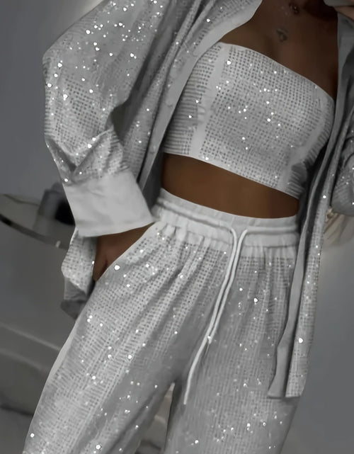 Load image into Gallery viewer, Women Elegant Three-Piece Set - Long Sleeve Loose Fit Jacket, Bustier &amp; Wide-Leg Pants, Elastic Fabric, Button Front Closure Top
