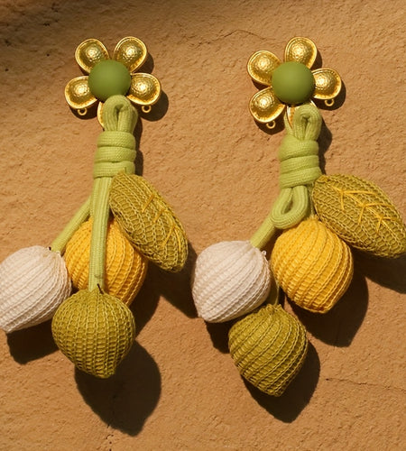 Boho-Chic Alloy Flower & Fabric Leaf Tassel Earrings - Stainless Steel Posts, Resin Accents, Bohemian Style, Unique Design