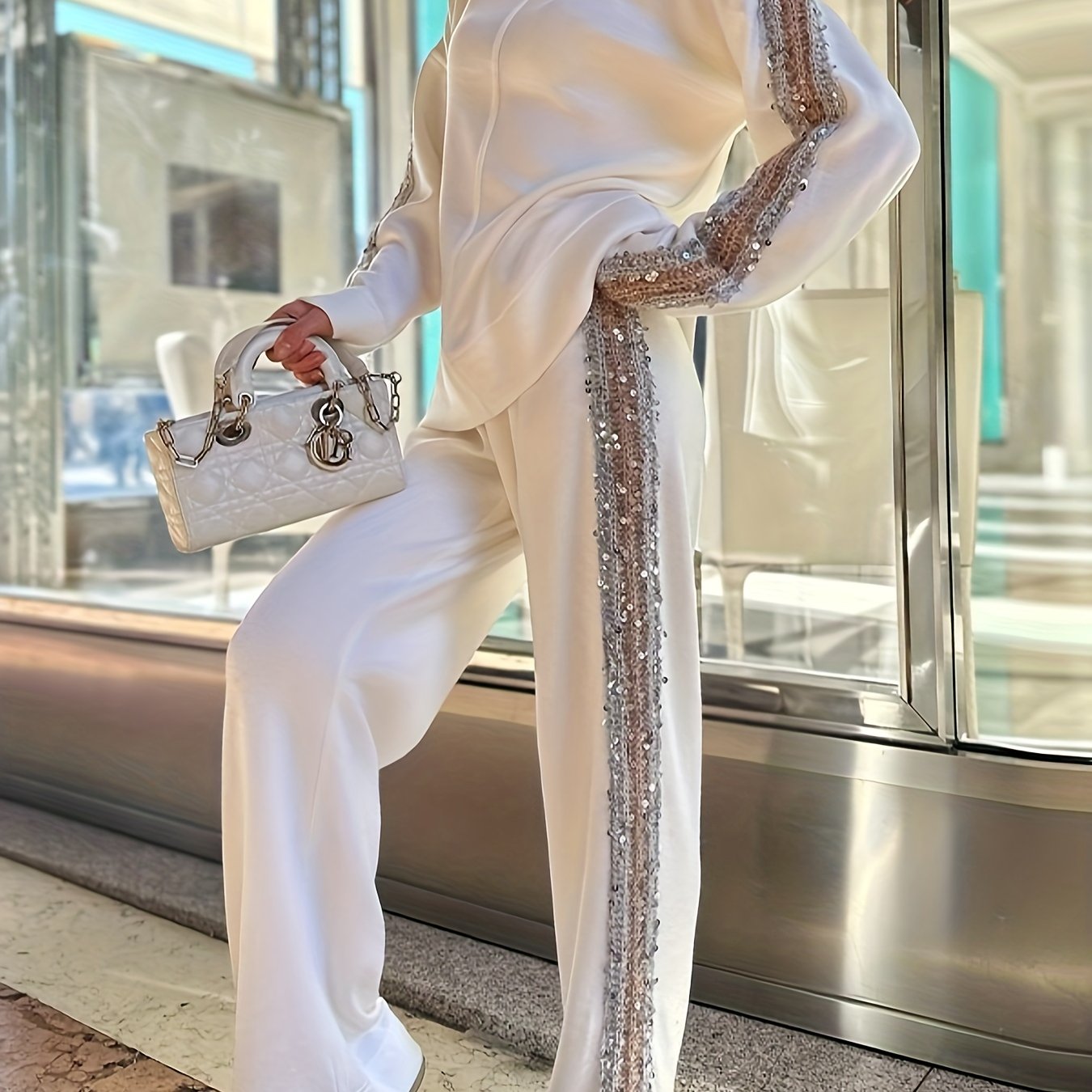 Fall New Arrival High-Neck Fashion Niche Sequin-Trimmed Pantsuit for Women, Stylish Ensemble, Elegant Outfit, Elegant Style, Chic Fashion, High quality Stitching, Sequin Detailing