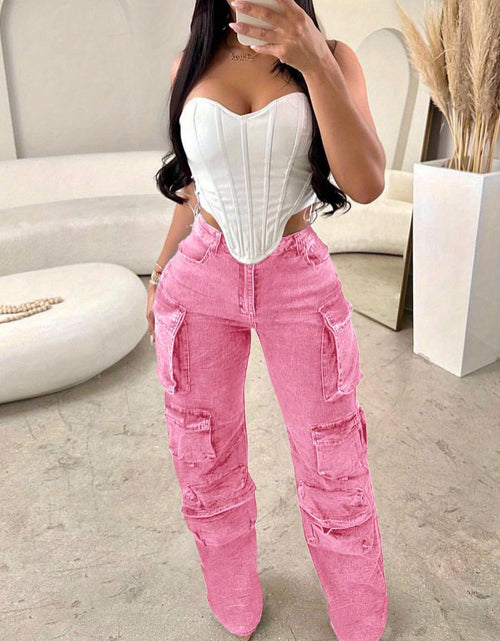 Load image into Gallery viewer, Women Cargo Jeans High Waisted Cargo Pants Y2k Baggy Wide Leg Denim Trousers With Flap Pockets
