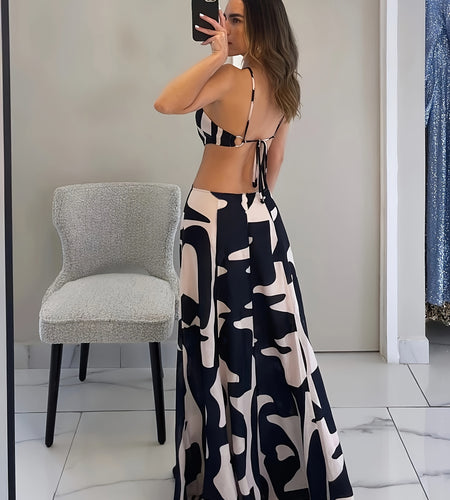 Sleek & Sexy Black And White Geometric Print Maxi Dress for Women - Metallic Ring Detail, Sleeveless, High-Low Hem, Stretchy, Perfect for Spring/Summer, Versatile Fashion | Modern Fashion | Strapless Design