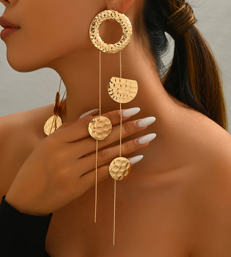 Pair Of Women's Fashionable Draped Earrings, Personalized Hammered Circle, Semi-circle, Geometric Tassel, Long Stud Earrings