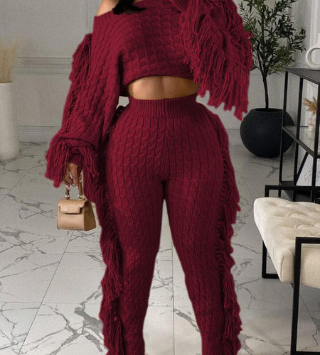 Women Stylish Wine Red Fringe Detail Two - Piece Set  - Stylish Party & Casual Outfit