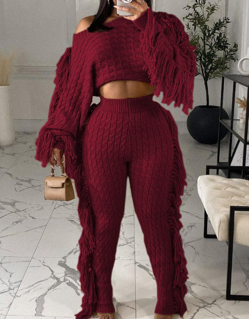 Load image into Gallery viewer, Women Stylish Wine Red Fringe Detail Two - Piece Set  - Stylish Party &amp; Casual Outfit
