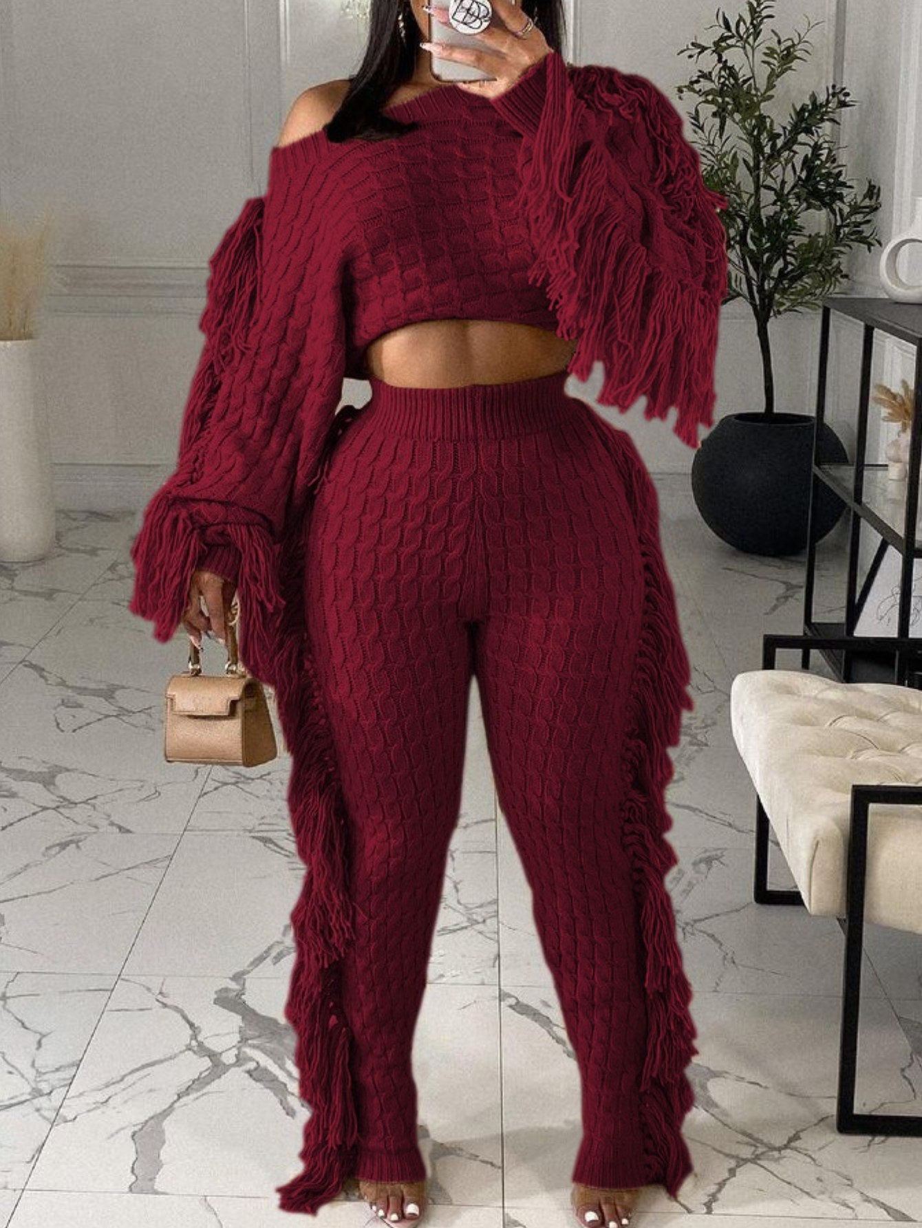 Women Stylish Wine Red Fringe Detail Two - Piece Set  - Stylish Party & Casual Outfit