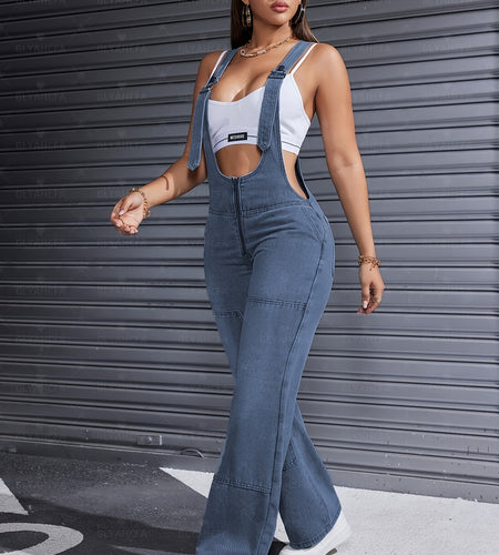 [High-Waisted] Women's Adjustable Lace-Up Denim Romper | High-Waisted Sleeveless Cargo Jeans | Double Button Closure | Sexy Casual Solid Color Design | Casual Attire | Sophisticated Texture