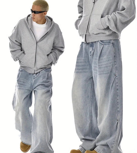Men's Vintage Washed Wide-Leg Jeans - Oversized Straight-Leg Relaxed Fit Wash Blue Pants, High-Street Style All-Season Casual Wear, Machine Washable (No Belt Loops)