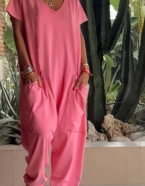 Load image into Gallery viewer, [Polyester Jumpsuit] Lightweight Polyester Women&#39;s Casual V-Neck Short Sleeve Knit Jumpsuit with Pockets - Solid Color Loose Fit One-Piece Loungewear for Spring/Summer, Relaxed Fit Clothing
