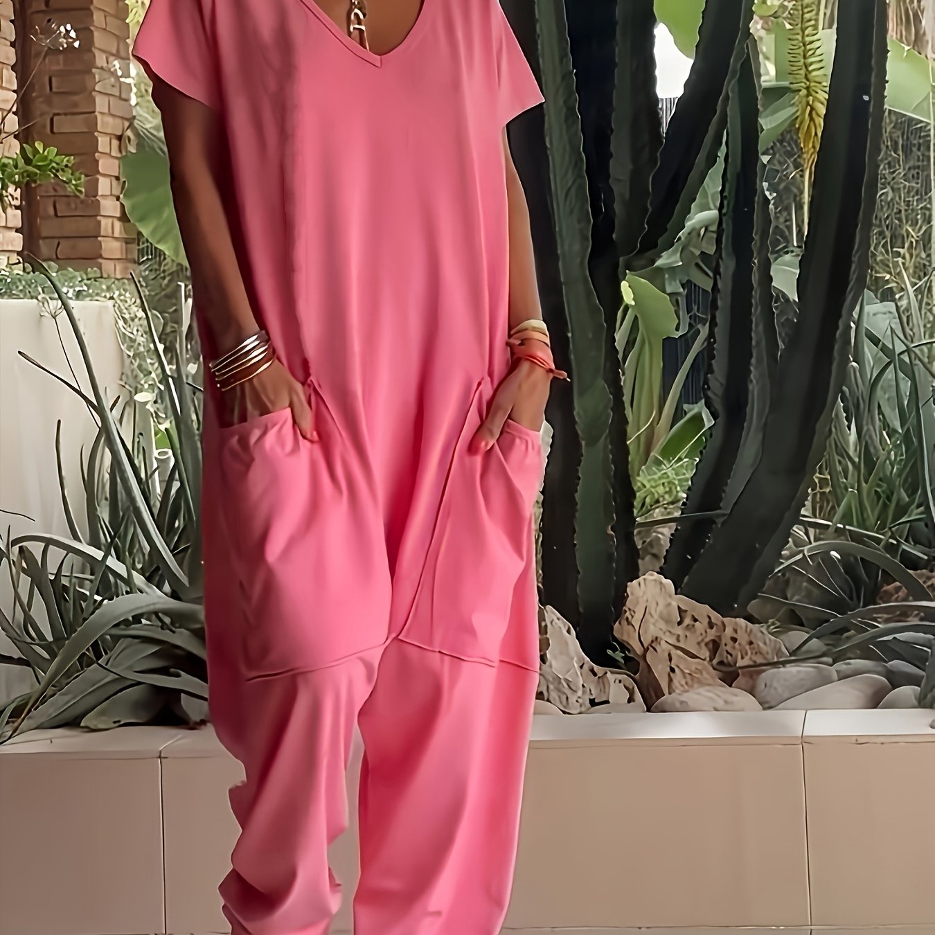 [Polyester Jumpsuit] Lightweight Polyester Women's Casual V-Neck Short Sleeve Knit Jumpsuit with Pockets - Solid Color Loose Fit One-Piece Loungewear for Spring/Summer, Relaxed Fit Clothing