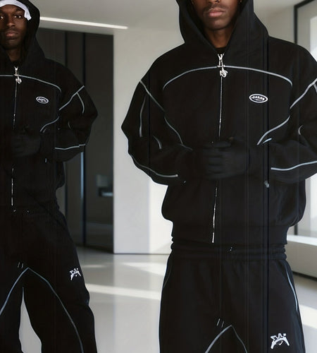 Men Hip-Hop Street Style Solid Color Sportswear Set - Loose Sweatshirt and Joggers, Unisex Zip-Up Hoodie Outfit, Fashionable Casual Wear,  Sizes Run Small, Order One Size Up