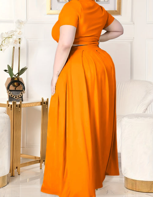 Load image into Gallery viewer, Plus Size Women&#39;s Solid Color Cross Tie Maxi Skirt Set, Casual Polyester Knit Dress with Short Sleeves, Round Neck, Pullover, Elastic Fabric, Fashionable Two-Piece Outfit
