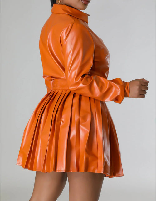 Load image into Gallery viewer, Women Orange Shirt Dress Set - Collared Long Sleeve Top with Pleated Mini Skirt | S (Sleek Texture &amp; Vibrant Hue) for Trendy Looks, Evening Wear, Tailored Look
