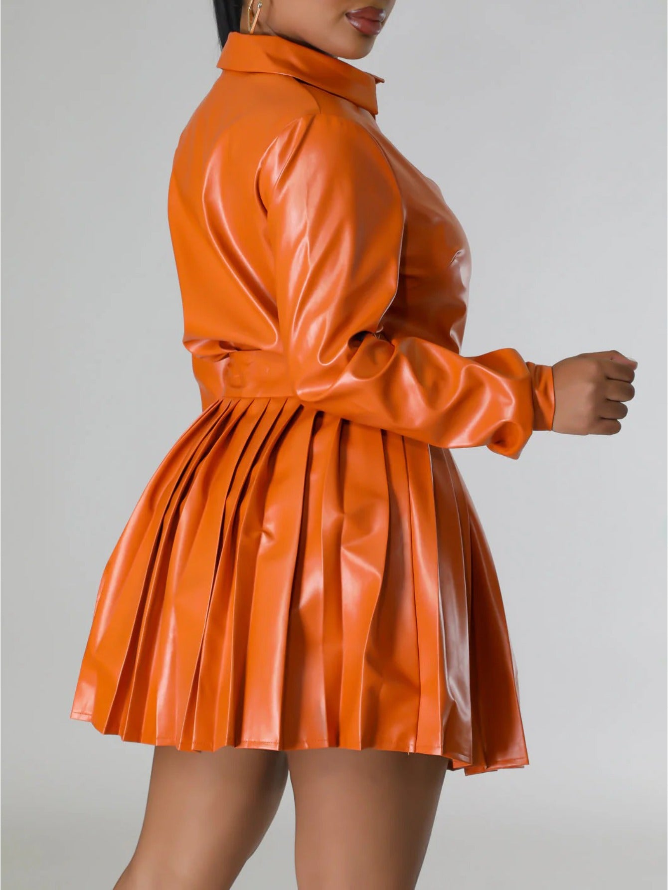 Women Orange Shirt Dress Set - Collared Long Sleeve Top with Pleated Mini Skirt | S (Sleek Texture & Vibrant Hue) for Trendy Looks, Evening Wear, Tailored Look