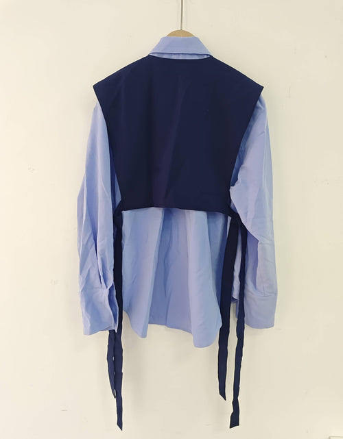 Load image into Gallery viewer, Women  Layered Tie-Front Blouse, Polyester Solid Color Long Sleeve Shirt, Lapel Collar, Double Layer Design
